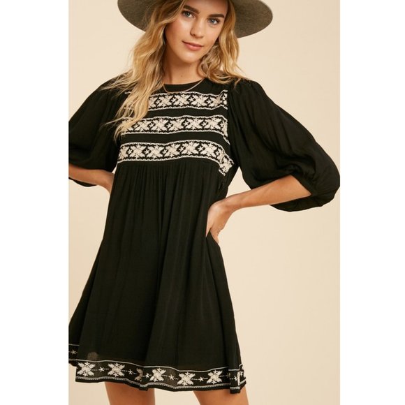 NEW Black Ethnic Embroidered BOHO Babydoll Dress - Picture 2 of 11